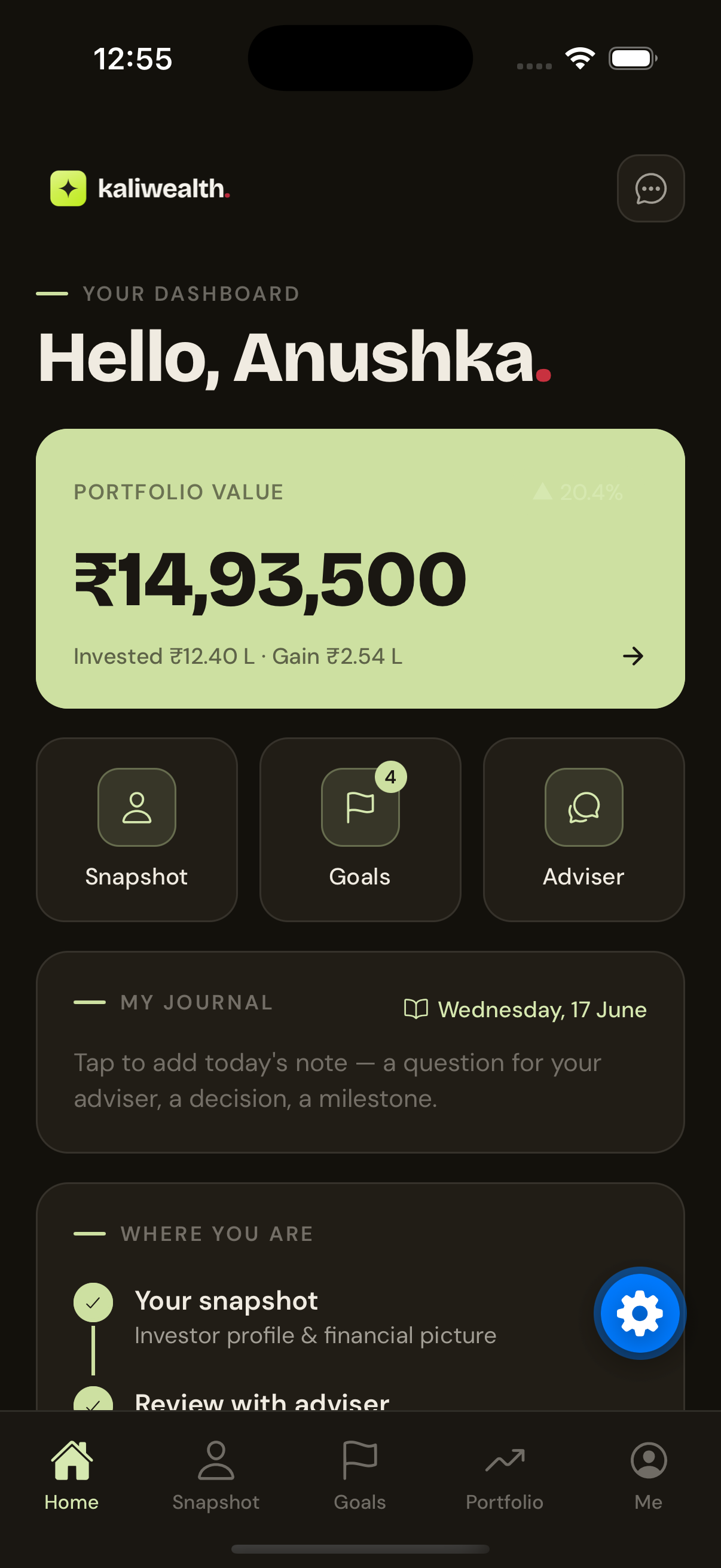 KaliWealth app — your dashboard with portfolio value, snapshot, goals and adviser