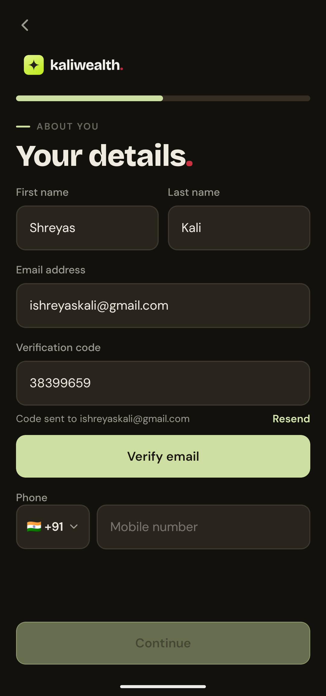 KaliWealth app demo — screen 8 of 17