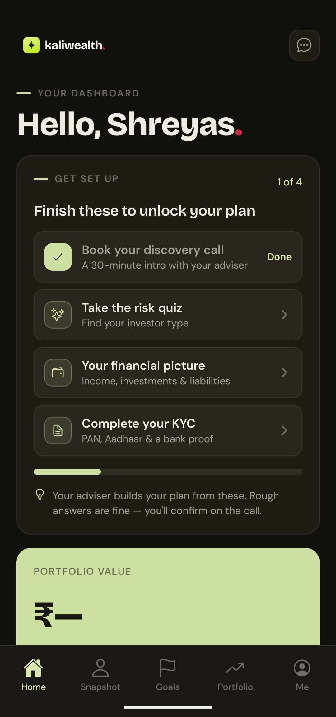 KaliWealth app demo — screen 14 of 17