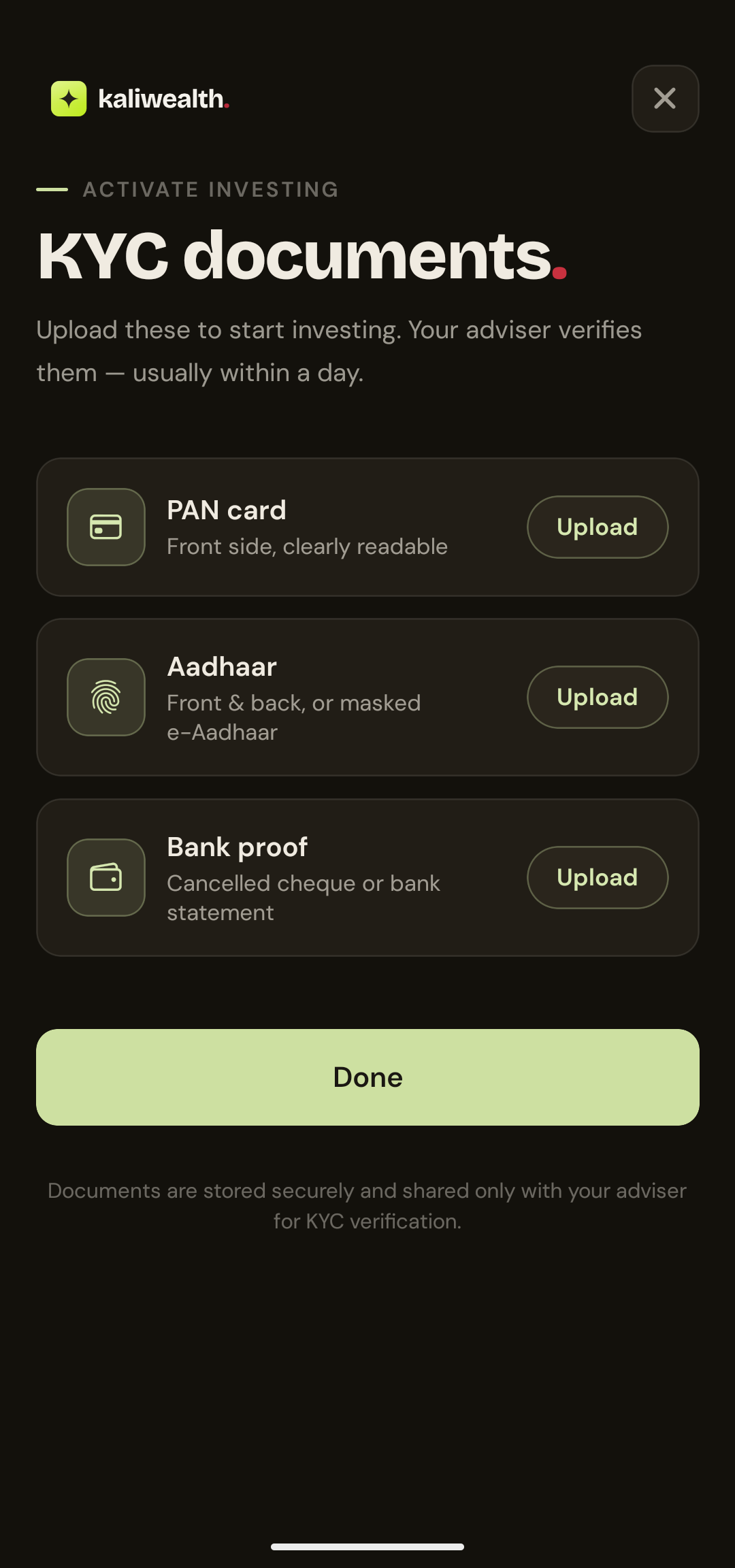 KaliWealth app demo — screen 17 of 17